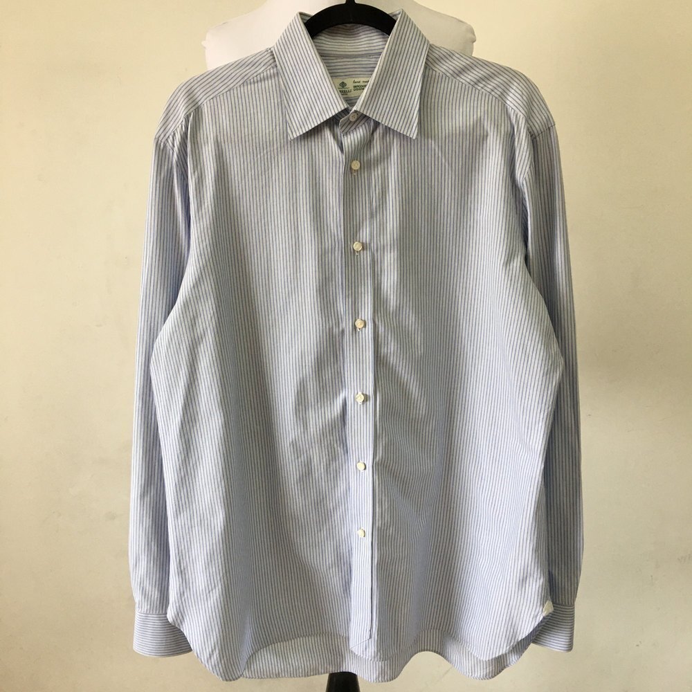 Borrelli Men's Long Sleeve Striped Button Front Long Sleeve Blue Shirt Size 16